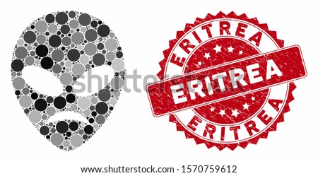 Mosaic sad alien head and distressed stamp seal with Eritrea phrase. Mosaic vector is created from sad alien head icon and with scattered round items. Eritrea stamp seal uses red color,