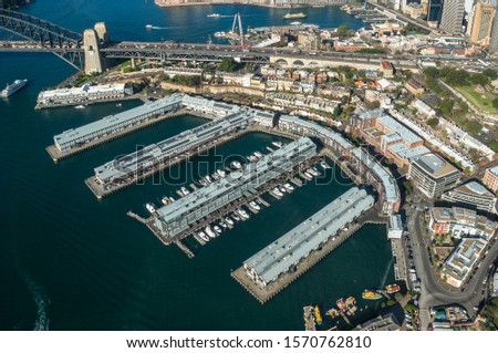 Aerial view of historic Walsh bay barracks with hotels, residential and commercial property. Sydney suburbs aerial view cityscape 