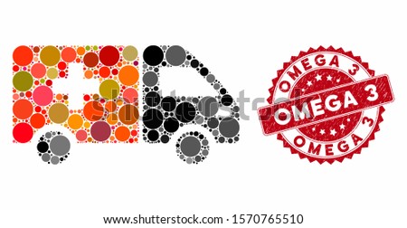 Mosaic drug shipment and corroded stamp seal with Omega 3 caption. Mosaic vector is formed from drug shipment icon and with randomized spheric spots. Omega 3 stamp seal uses red color,