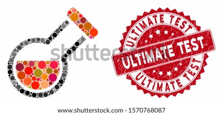 Mosaic retort and grunge stamp seal with Ultimate Test phrase. Mosaic vector is formed with retort icon and with scattered circle spots. Ultimate Test seal uses red color, and grunge design.