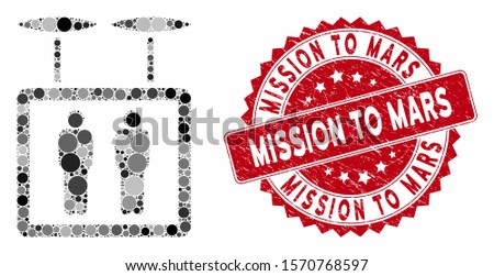 Mosaic airdrone elevator and corroded stamp seal with Mission to Mars caption. Mosaic vector is designed with airdrone elevator icon and with scattered round elements.