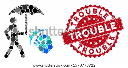 Collage crime coverage and rubber stamp seal with Trouble phrase. Mosaic vector is composed with crime coverage icon and with randomized round elements. Trouble stamp seal uses red color,