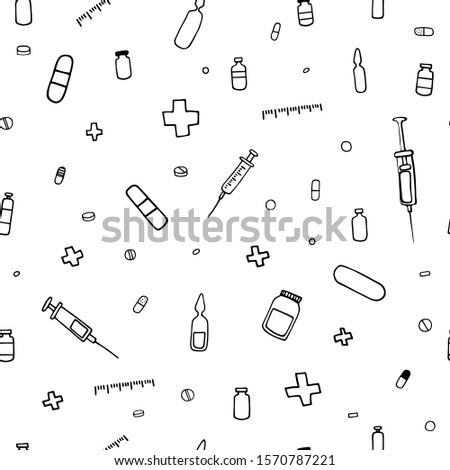 Seamless stock medical pattern. The contours of pharmaceutical things isolated on white background. Syringes, tablets, crosses, plasters, medicines, ampoules, jars, vaccines, vitamins, painkillers