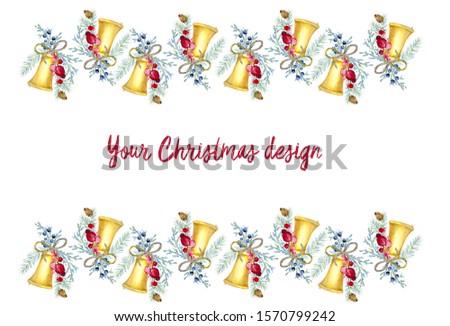 Christmas and New Year border with watercolor painted elements. Holiday decorative frame for greeting card, invitations, menu and other design.