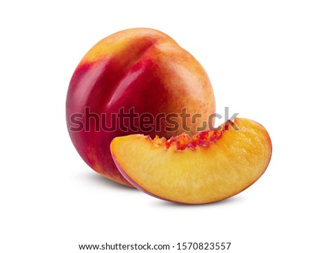 Smooth-skinned nectarine fruit and slice without kernel isolated on white background with copy space for text or images. Side view. Close-up shot.