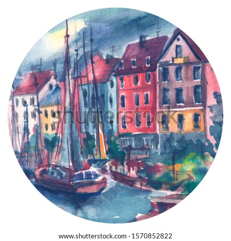 Watercolor drawing of Stockholm city. Embankment, yachts, boat on the river, reflection in the water. Silhouette of houses. Beautiful poster, postcard. Painting of Scandinavia. In a round frame, logo.