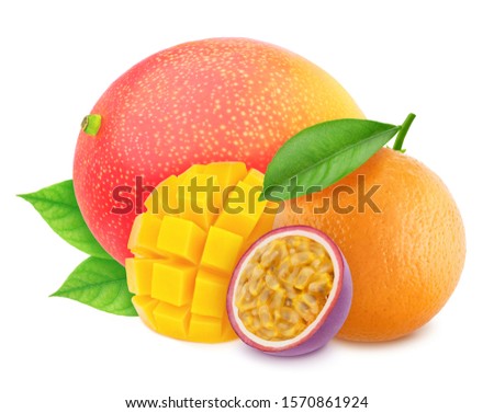 Composition with mix of fully ripened tropical fruits - mango, passion fruit and orange isolated on a white background with clipping path.