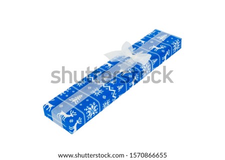 Christmas or other holiday handmade present in blue paper with white ribbon. Isolated on white background, top view. thanksgiving Gift box concept.
