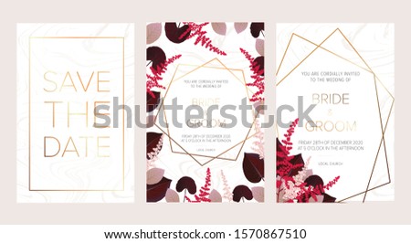 Wedding floral invitation, save the date card design with burgundy red and pink astilbe, monstera, viola lily leaves & elegant golden geometric decoration. Geometric botanical vector design frame. 