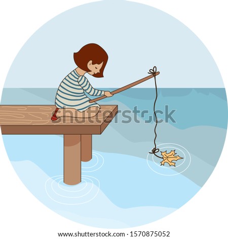 Girl fishing on the maple leaf. Vector illustration.