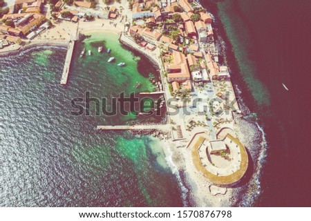 Aerial view of Goree Island. Gorée. Dakar, Senegal. Africa. Photo made by drone from above. UNESCO World Heritage Site.