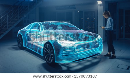 Female Automotive Engineer Uses Digital Tablet with Augmented Reality for Car Design Editing and Improvement. 3D Graphics Visualization Shows Fully Developed Vehicle Prototype Analysed and Optimized