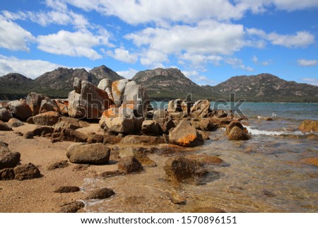 View from Coles Bay to the mountains called Hazards. Freycinet National Park. Tasmania