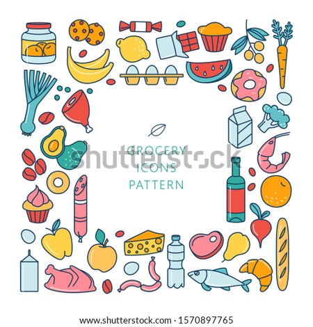 Supermarket grosery store food, drinks, vegetables, fruits, fish, meat, dairy, sweets market products goods thin line icons background pattern. Vector illustration frame border in linear simple style.