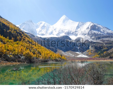View of snow covered mountain peaks, autumn leaves and green lake in Yading Nature reserve, Sichuan, China. Beautiful nature landscape.