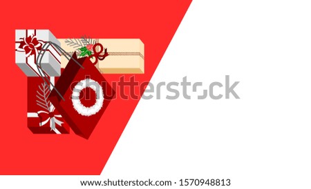 many colorful christmas gifts and red shopping bag and wreath on the red background with white copy space being commercial marketing concept