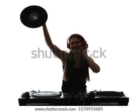 Silhouette of female dj playing music on white background Royalty-Free Stock Photo #1570953685