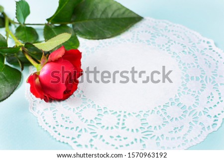 A bright red rose and a frame in the form of a lace napkin on a delicate blue background. The concept of the celebration. Space for text. Valentine's day. Happy birthday.