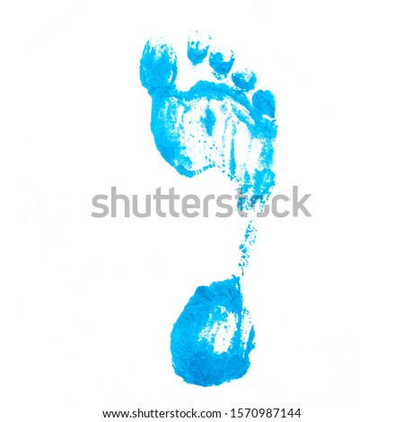 Footprint with blue paint on the white background
