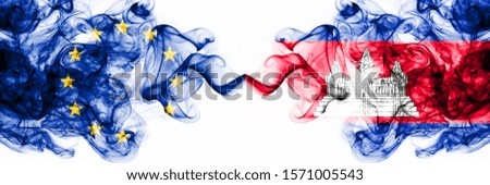 Eu, European Union vs Cambodia, Cambodian smoky mystic flags placed side by side. Thick colored silky abstract smoke flags combination