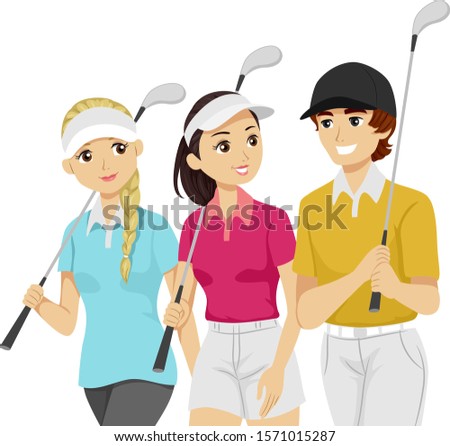 Illustration of Teenage Girls and Guy Holding Golf Clubs and Walking