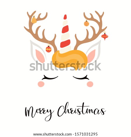 Hand drawn card of cute unicorn face with reindeer antlers, hanging ornaments, text Merry Christmas. Vector illustration Isolated objects on white. Flat style design. Concept for holiday print, invite
