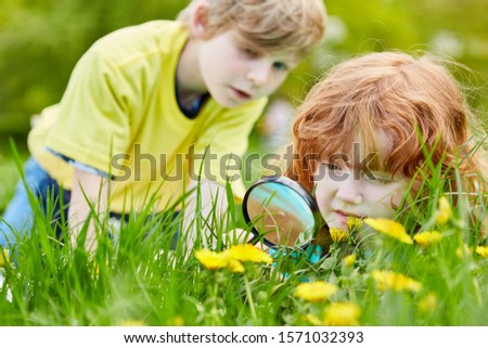 Two children discover nature and the environment with a magnifying glass Royalty-Free Stock Photo #1571032393
