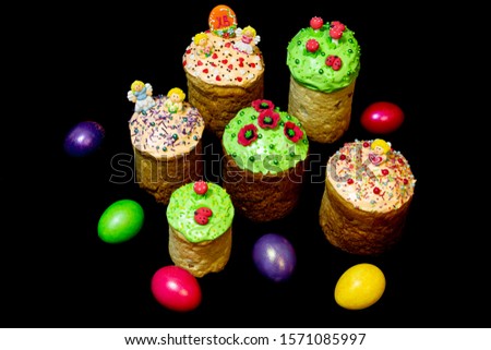 Easter cakes and colored eggs. Orthodox Easter.
