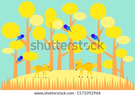 Cute Deer cartoon character Blue bird and yellow tree vector illustration
