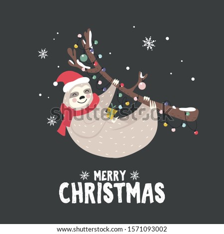 Christmas greeting card with happy cute sloth vector illustration. Joyful animal hanging on branch in cozy and warm clothes and xmas cap. Winter holidays concept