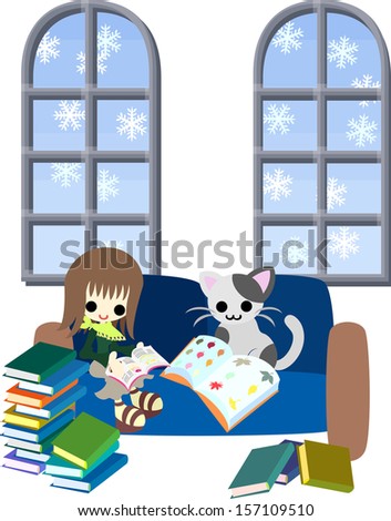 One day of a white winter, A woman is reading many books with a cat.