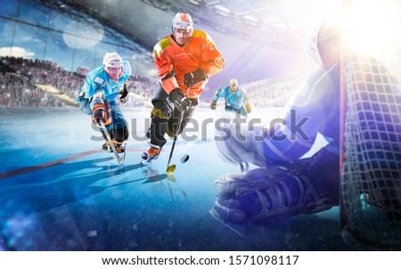 Professional hockey players in action on grand arena