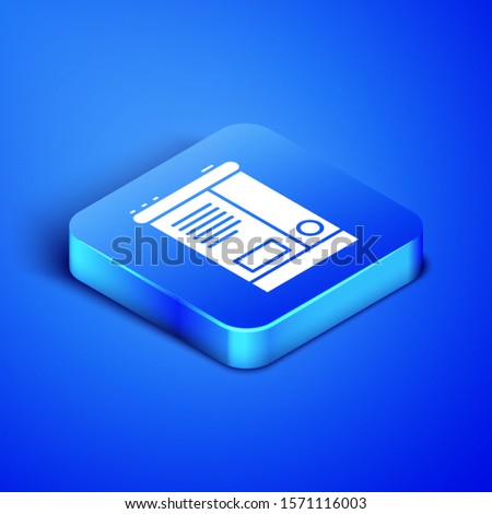 Isometric Car battery icon isolated on blue background. Accumulator battery energy power and electricity accumulator battery. Blue square button. Vector Illustration