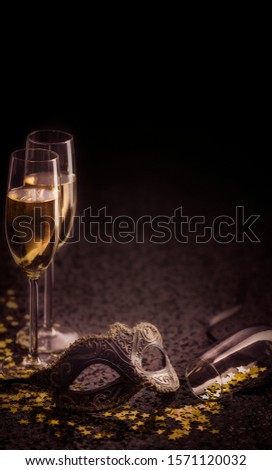 carnival mask and champagne with copy space