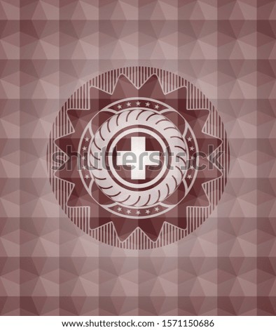medicine icon inside red seamless emblem or badge with abstract geometric polygonal pattern background.