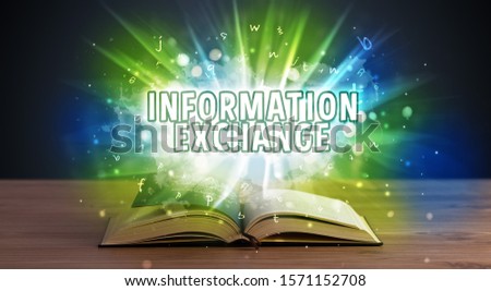 INFORMATION EXCHANGE inscription coming out from an open book, educational concept