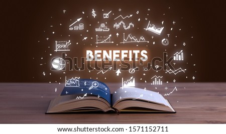 BENEFITS inscription coming out from an open book, business concept