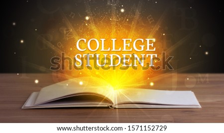 COLLEGE STUDENT inscription coming out from an open book, educational concept
