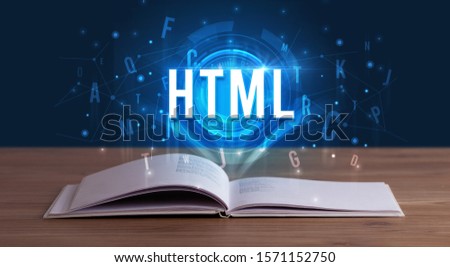 HTML inscription coming out from an open book, digital technology concept