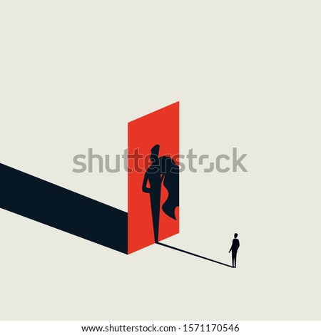 Businessman looking at his superhero shadow vector concept. Symbol of ambition, career progress, motivation. Confident leader and manager. Eps10 illustration. Royalty-Free Stock Photo #1571170546