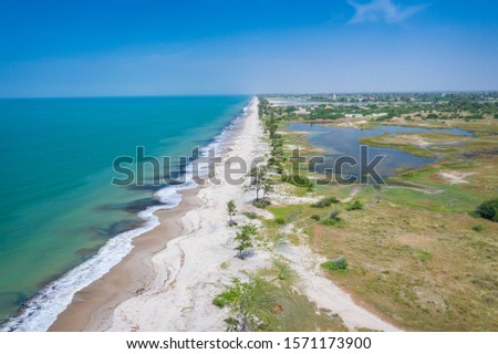 Aerial view of Atlantic coast near Palmarin. Saloum Delta National Park, Joal Fadiout, Senegal. Africa. Photo made by drone from above. Royalty-Free Stock Photo #1571173900