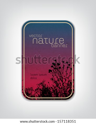 Vector vintage worn cardboard vertical badge / banner with floral background, grass and plants silhouette