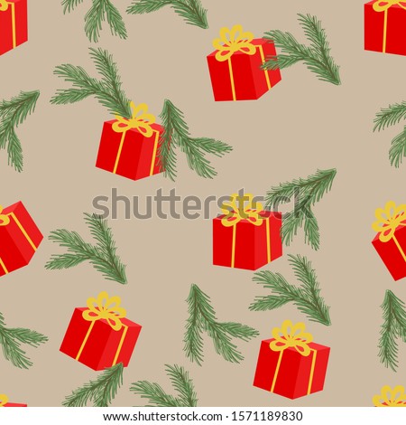 Vector of seamless pattern wit gifts boxes and fir twigs.Christmas,New Year background