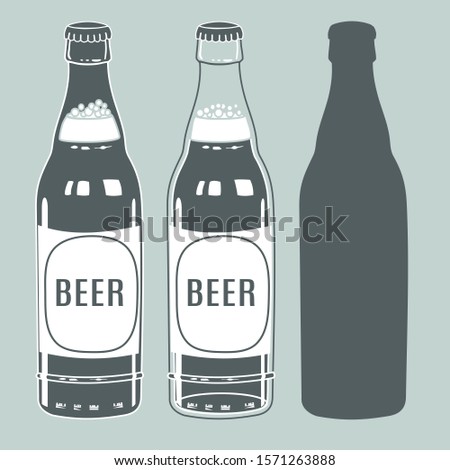 Set of two identical transparent and dark glass beer bottles, as well as their stencil, color clip art on a gray isolated background in vintage style