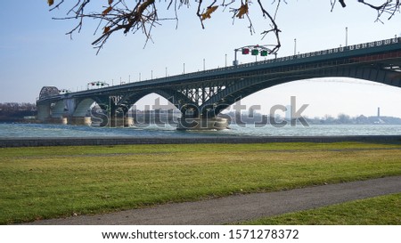 Wide angle photo of the Peace Bridge linking Canada and the United States at Buffalo, New York and Fort Erie, Ontario.  Busiest northern car crossing in America.                              