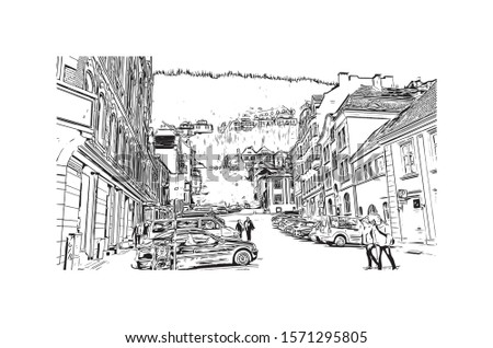 Building view with landmark of Bergen is a city on Norway’s southwestern coast. Hand drawn sketch illustration in vector.
