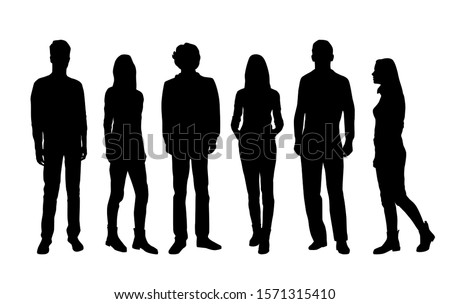 Vector silhouettes of  men and a women, a group of standing and walking business people, black color isolated on white background Royalty-Free Stock Photo #1571315410