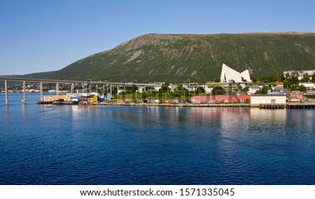 View to the The Tromso Bridge and The Arctic Cathedral, Tromso, Troms, Norway