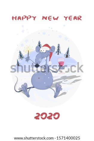 A funny, big-eyed mouse in a Christmas hat sits in the forest on the snow and celebrates the New Year 2020. Greeting card on the theme of the new year.