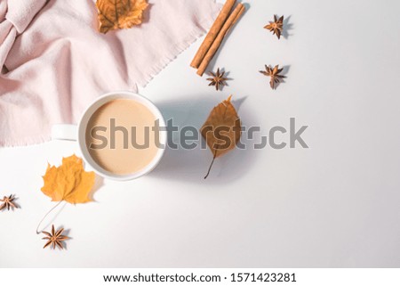 Autumn or Winter concept with pine and maple leaves, coffee cup , cinnamon, and scarf, Flat lay, top view.